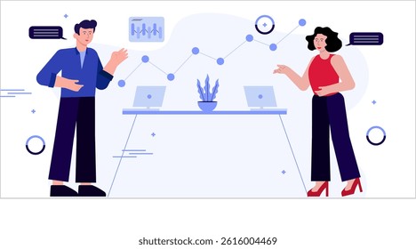 male and female employees are showing presentation with graphs. flat vector illustration