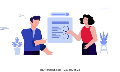 male and female employees are showing presentation with graphs. flat vector illustration