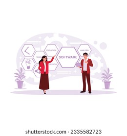 Male and female employees are trying to develop software and business process automation. Trend Modern vector flat illustration.