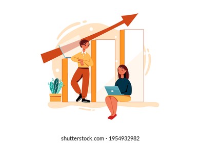 Male And Female Employees Working On Sales Growth Illustration concept. Flat illustration isolated on white background.