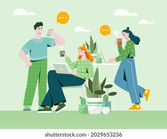 Male And Female Emplyees At Comfortable Workplace With Good Conditions. Concept Of Positive Work Environment With Happy Employees. Healthy Relations Between Workers. Flat Cartoon Vector Illustration