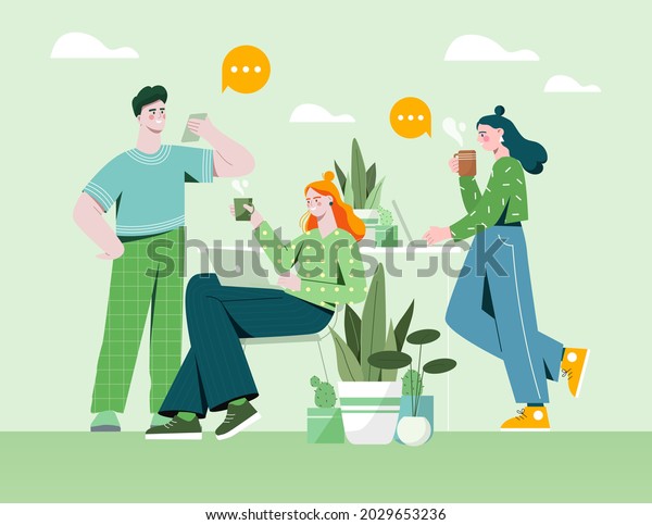Male and female emplyees at comfortable\
workplace with good conditions. Concept of positive work\
environment with happy employees. Healthy relations between\
workers. Flat cartoon vector\
illustration