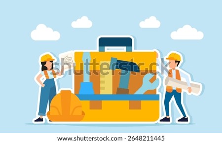 Male and female engineers carrying project paperwork near toolbox and safety helmets illustration of equipment preparation for supporting project completion