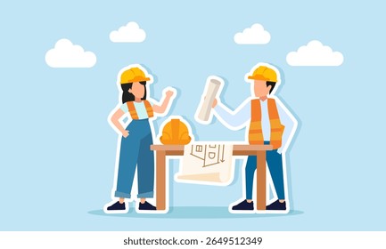 Male and female engineers discussing near a table with paperwork and safety helmets as an illustration of a building infrastructure progress discussion session