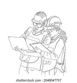 Male and Female Engineers in Hard Hats Discuss, line drawing art, vector illustration