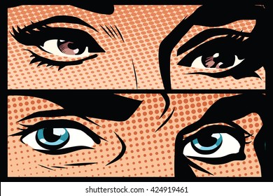 Male and female eyes close-up pop art retro