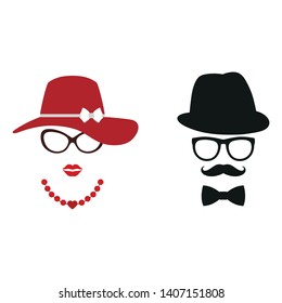 Male and Female face icon in hat and glasses on white background. Man and woman avatar profile in flat design.