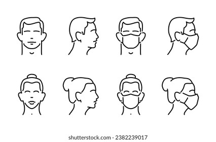 Male and female face in medical mask, front and side view (profile). Health care concept Set of vector linear man and woman icons.