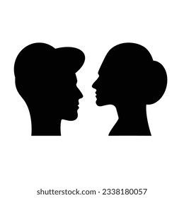 Male and female face profile silhouette vector icon in a glyph pictogram illustration