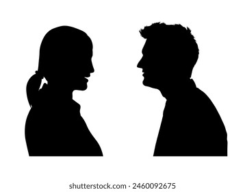 Männlich und weiblich Gesicht zu Gesicht Seitenansicht Portrait Vektorgrafik Silhouette. Seitenprofil des jungen Mannes und der jungen Frau schwarze Silhouetten.	