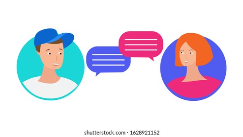 male and female face with speech bubbles, chat concept, vector illustration