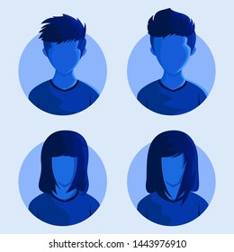 Male and female face vector avatars, flat design style, set