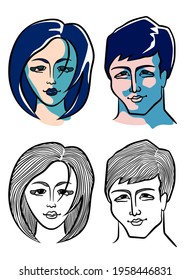 Male and female faces of Asian type. Two options: black and white line graphics and color in the style of Suprematism.Suprematism.
