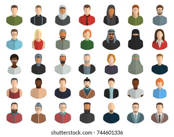 Male and female faces avatar. Muslim, Arab and other nationality. Flat style vector icons set