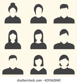 Male and female faces avatars.  Avatar Icon Flat. Businessman and businesswoman icons.Profile of people silhouettes in black.