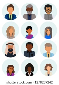 Male and female faces avatars. Business people avatar icons. Men and women of different nationalities. Multicultural society concept, man and woman characters. Flat icons set. Vector illustration