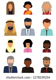 Male and female faces avatars. Business people avatar icons. Men and women of different nationalities. Multicultural society concept, man and woman characters. Flat icons set. Vector illustration