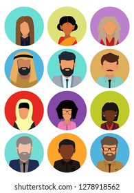 Male and female faces avatars. Business people avatar icons. Men and women of different nationalities. Multicultural society concept, man and woman characters. Flat icons set. Vector illustration