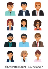 Male and female faces avatars. Businessman and businesswoman avatar icons. Team icons collection. Vector illustration of flat design people characters