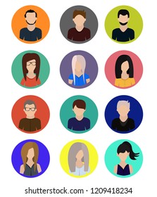 Male and female faces avatars on white background. Flat vector icons set. Eps 10.