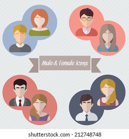 Male and female faces in circle icons. Couple user pics set. Avatar collection. Flat style vector illustration.