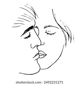 male and female faces close, near kiss - hand drawn outline drawing