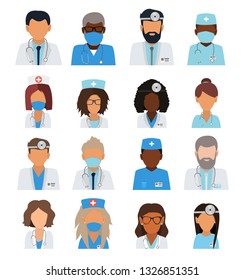 Male and female faces doctors team. Doctors and Nurse team, hospital staff. User icons. Flat vector avatar set. Vector illustration