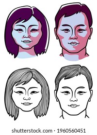 Male and female faces of the people of the north. Two options: black and white line graphics and color in the style of Suprematism.