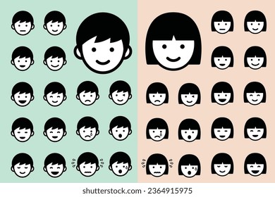 Male and female facial expression icon set, vector illustration