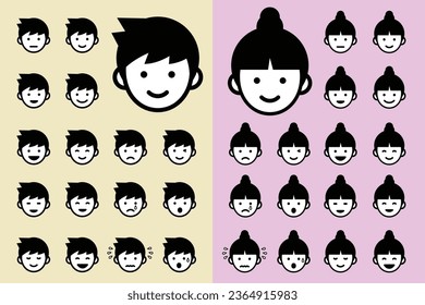 Male and female facial expression icon set, vector illustration