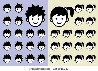 Male and female facial expression icon set, vector illustration