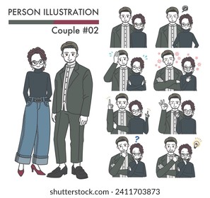 Male and female facial expression illustration set