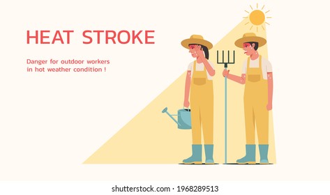 Male and female farmer characters standing together in sunny weather in summer and feeling tried because heatstroke symptom, flat vector illustration