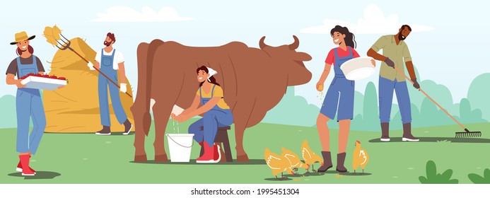 Male and Female Farmer Characters Working with Cattle on Farm. People Doing Farming Job as Feeding Fowls and Domestic Animals, Milking Cow, Prepare Hay for Livestock. Cartoon Vector Illustration