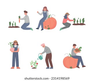 Male and Female Farmer Working in Garden Vector Set