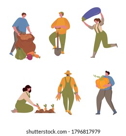 Male and Female Farmers Characters Harvesting on Farm. Vector illustration with small people for web page, presentation, print, banner. Farming, harvesting, collecting vegetables.