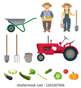 Male and female farmers and equipment for work set