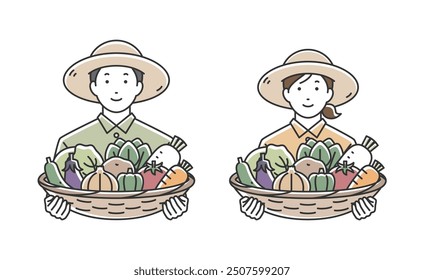 Male and female farmers holding platters of vegetables.