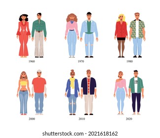 Male and female fashion history costume collection from second half of 20th century to 2020 year isolated vector illustration