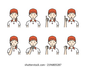 Male and female fast food clerk in various poses.