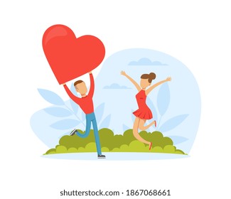 Male and Female Feeling Love and Affection Holding Heart and Jumping with Joy Vector Illustration