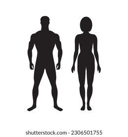 Male and female figures. Gentleman and lady. Impersonal characters of proportional physique. Young couple. Outlines of strong healthy human bodies. Pose standing in front. Black silhouettes isolated.