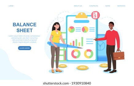 Male and female financial analysts doing income statement on balance sheet. Concept of company financial statement. Website, web page, landing page template. Flat cartoon vector illustration