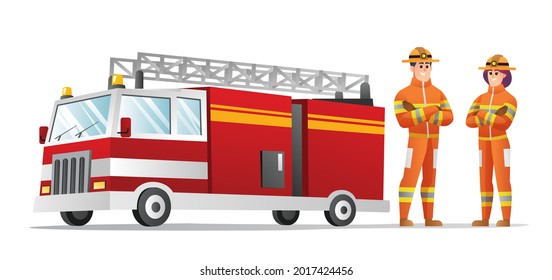 Male and female firefighter characters with fire truck illustration