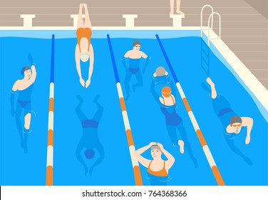 Male and female flat cartoon characters wearing caps, goggles and swimwear jumping and swimming in pool. Men and women performing sports activity in water. Modern colorful vector illustration.