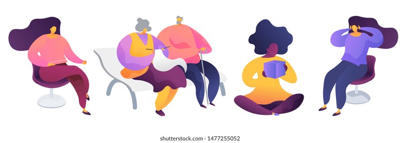 Male and female flat vector characters set. Dark skin student reading book, senior couple sitting isolated cliparts. Businesswoman, corporate worker. Middle aged woman having headache