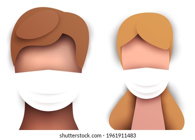 Male and female in flu mask. Modern paper cut style isolated on white background. Craft origami design element. Minimalistic colorful geometric concept. Vector illustration.