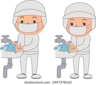 Male and female food processing workers wash their hands