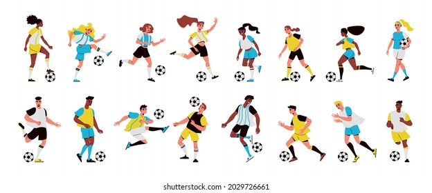 Male and female football players with balls flat set isolated vector illustration