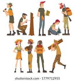 Male and Female Forest Rangers Working in Forest Set, National Park Service Employee Characters in Uniform Cartoon Style Vector Illustration